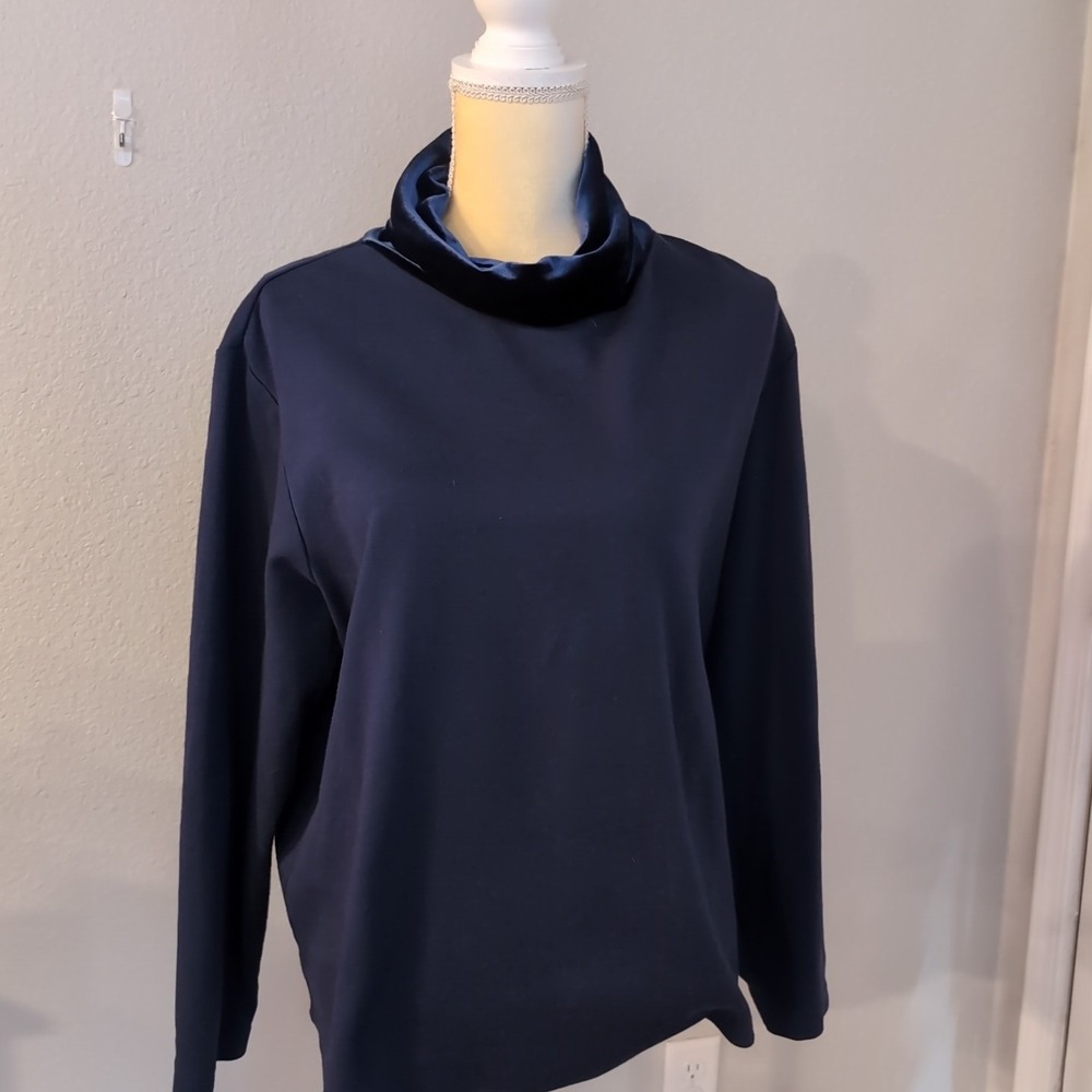 Coldwater Creek Women's Petite XL Cotton Blend Shirt W/ Velvet Turtle Neck Navy